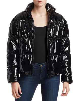 Patent leather puffer jacket