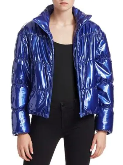 Scripted Faux Patent Leather Puffer Jacket In Royal Blue