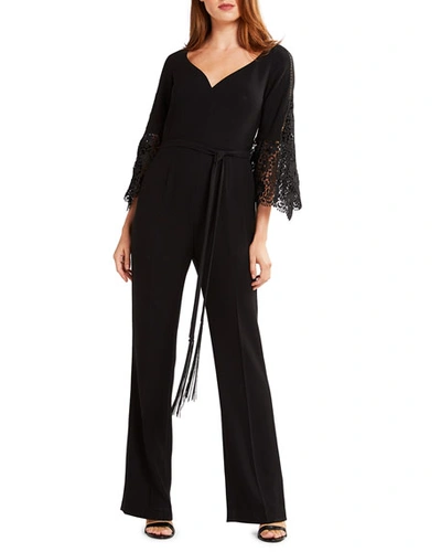 Elie Tahari Tina Lace Bell-sleeve Straight-leg Jumpsuit With Self-tie Belt In Black