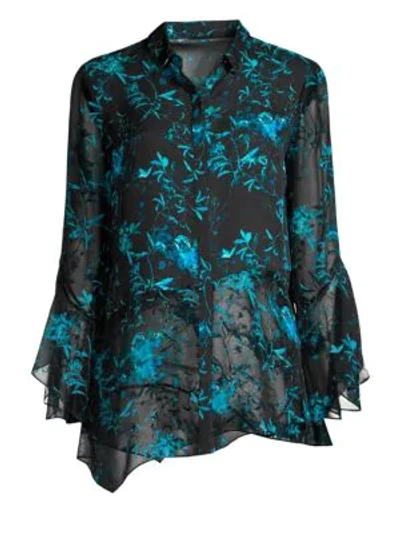 Elie Tahari Layla Asymmetric Floral Silk Blouse In Augean Sea/black