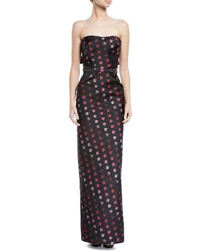 Zac Posen Foiled-rose Strapless Bow-back Gown In Black/pink