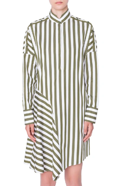 Akris Punto Striped Cold-shoulder Asymmetric Shirtdress In Oliva Crema