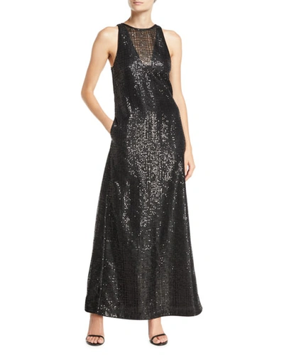 Emporio Armani Sleeveless Sequined-mesh Illusion Gown In Black