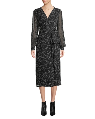 Escada Long-sleeve Wrap-front Printed A-line Midi Dress In Black Pattern