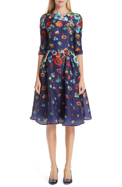 Carolina Herrera Floral-print Elbow-sleeve A-line Dress In Midnight Multi