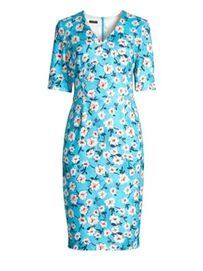 Escada V-neck Short-sleeve A-line Floral-print Jersey Dress In Blue Floral