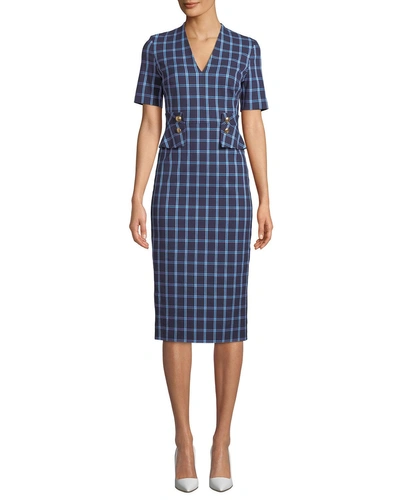 Escada V-neck Short-sleeve Windowpane Sheath Dress In Dark Blue