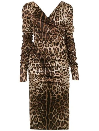 Dolce & Gabbana Long-sleeve Ruched V-neck Leopard-print Dress In Brown