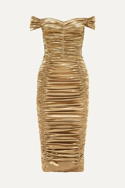 Dolce & Gabbana Off-the-shoulder Ruched Silk-blend Lurex Midi Dress In Gold
