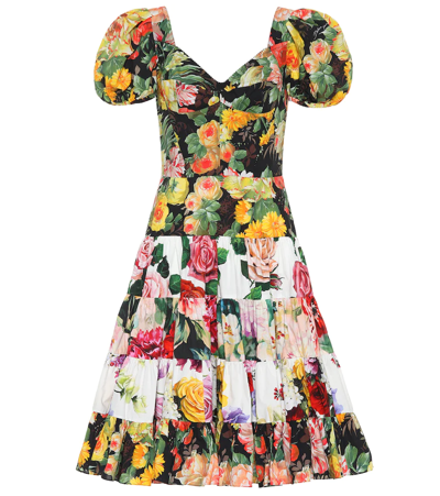 Dolce & Gabbana Puffed-sleeve Floral-patchwork Fit & Flare Dress In Black