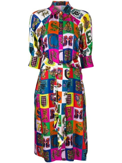 Versace Elbow-sleeve Letter Pop-print Belted Mid-calf Dress In Multicolour