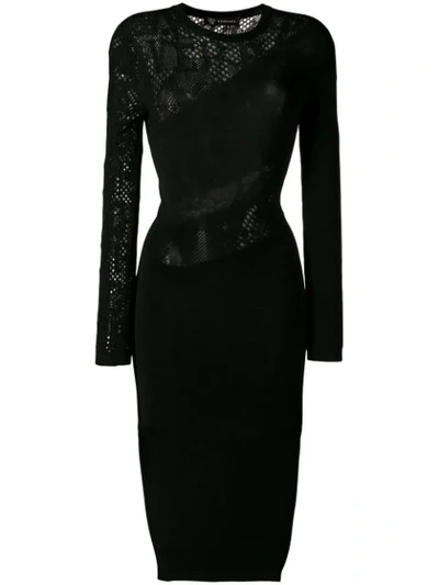 Versace Long-sleeve Crewneck Tattoo-knit Knee-length Dress In Black