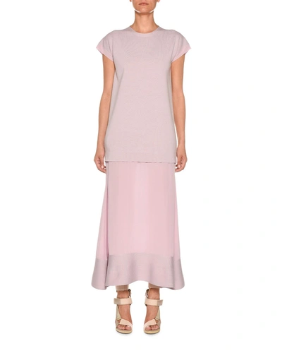 Agnona Crewneck Cap-sleeve Wool & Crepe De Chine Dress In Dark Pink