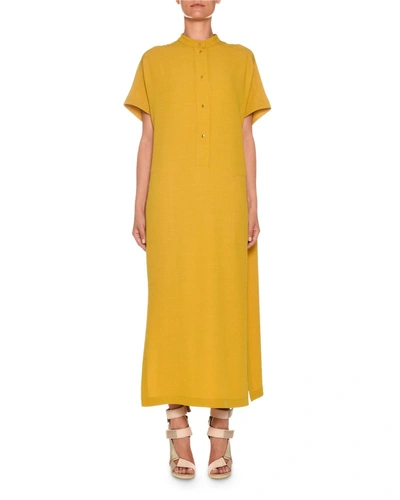 Agnona Short-sleeve Button-front Wool-cady Kaftan Maxi Dress In Light Brown