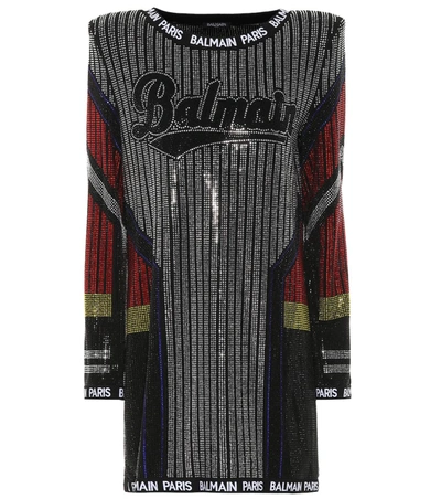 Balmain Intarsia-trimmed Crystal-embellished Stretch-jersey Mini Dress In Multi