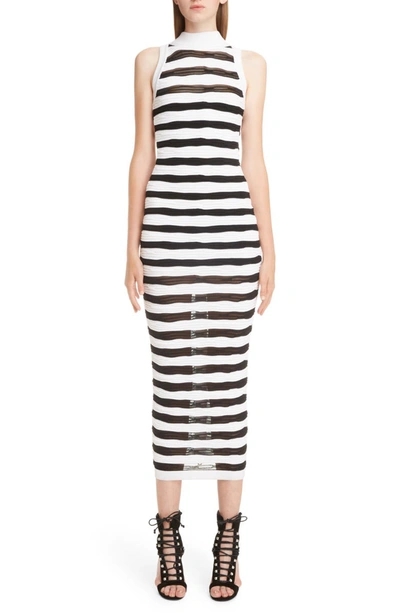 Balmain Mock-neck Sheer Striped Maxi Dress In Noir/ Blanc