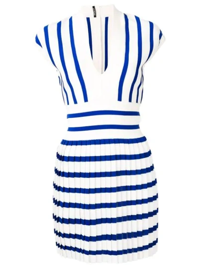 Balmain Striped Pleated-skirt Mini Dress, Blue/white