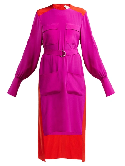 Chloé Long-sleeve Colorblock Crepe De Chine Dress In Red - Pink 1