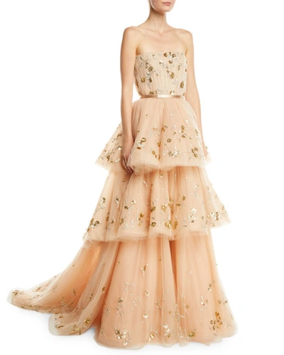 Carolina Herrera Strapless Floral-embroidered Three-tiered Tulle Ballgown In Gold