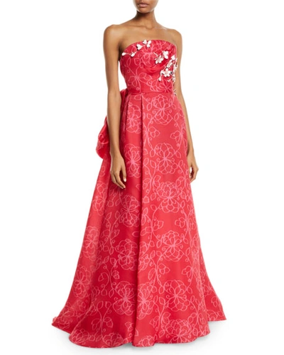 Carolina Herrera Strapless Floral-embroidered Tie-back Gown In Red/pink