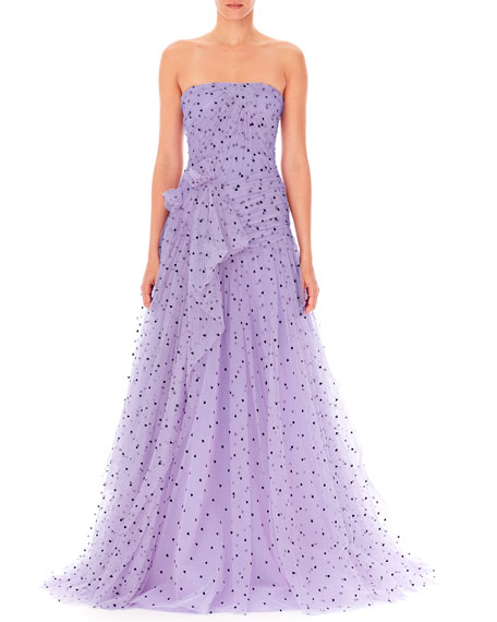 Carolina Herrera Strapless Heart Print Draped Tulle Gown In Purple