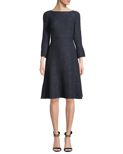 Lela Rose Boat-neck Slit-cuffs Fit-and-flare Sequin Tweed Cocktail Dress In Navy