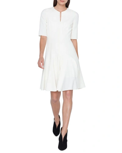 Akris Elbow-sleeve Zip-front Pleated A-line Wool Dress In White