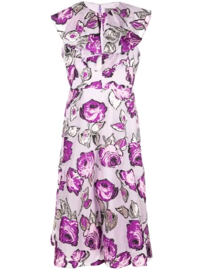 Lela Rose Ruffle-front Sleeveless Metallic Rose Fil Coupe Tea-length Dress In Purple