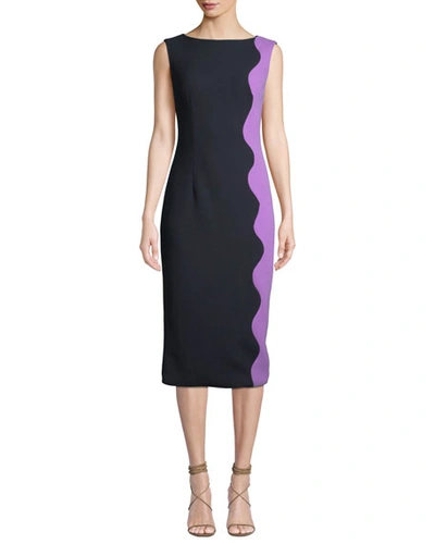 Lela Rose Boat-neck Sleeveless Wave-pattern Sheath Dress In Blue/purple