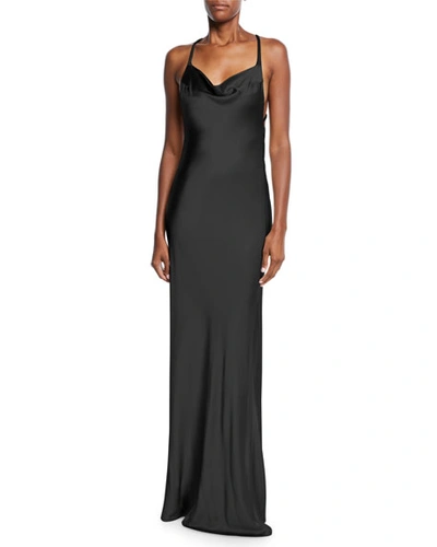 Galvan Sleeveless Shimmer-satin Asymmetric-back Gown In Black