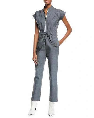 Carolina Ritzler Soul Large-zip Cap-sleeve Straight-leg Denim Jumpsuit In Gray