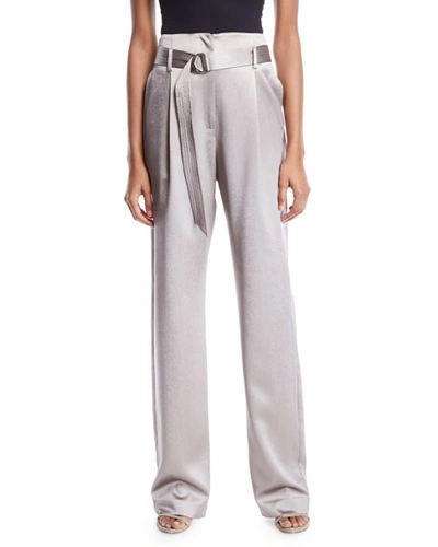 Sally Lapointe High-waist Belted Straight-leg Stretch Silk Pants In Gray