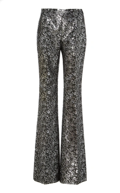 Michael Kors High-rise Metallic Floral Jacquard Flare Pants In Silver