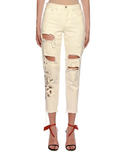 Off-white Floral-embroidered Ripped Boyfriend Jeans, Ecru