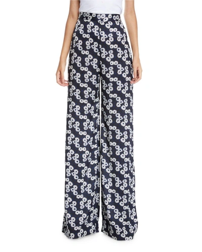 Lela Rose High-waist Wide-leg Floral-print Pants In Blue Pattern