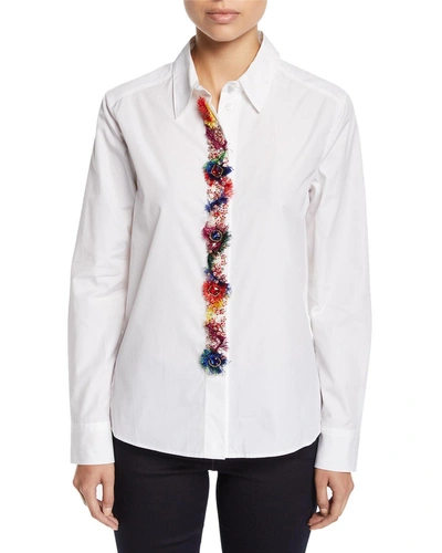 Escada Fringe & Floral-embroidered Placket Button-down Cotton Shirt In White