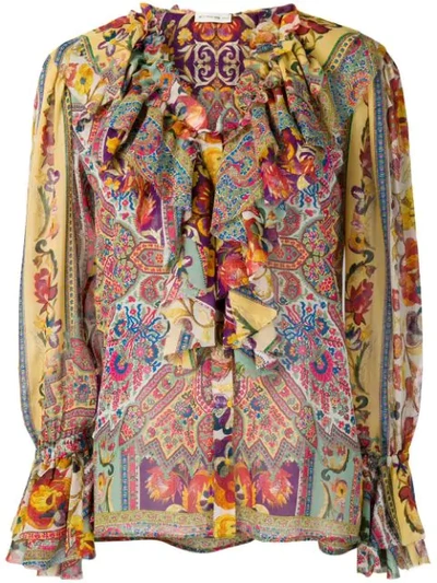 Etro Ruffled Medallion-floral Print Silk Blouse In Pink
