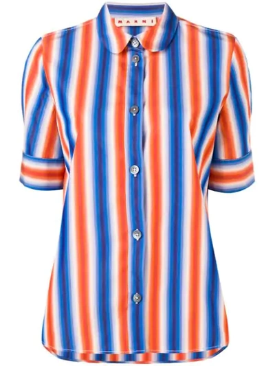 Marni Short-sleeve Button-front Striped Cotton Poplin Blouse In Blue