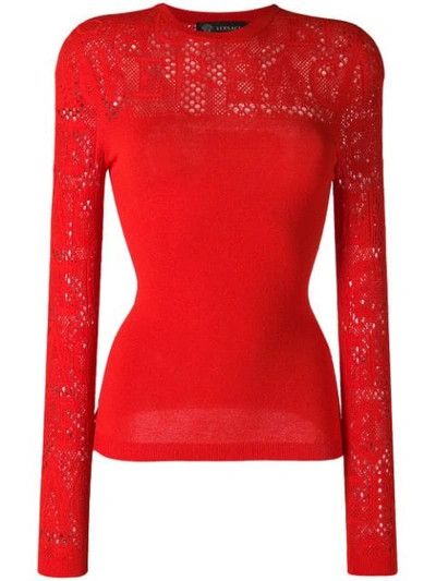 Versace Tattoo-knit Crewneck Long-sleeve Top In Red