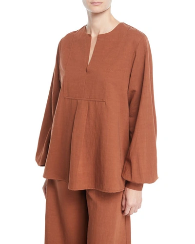 Co Split-neck Long-sleeve Tropical Tton Tunic Blouse In Brown