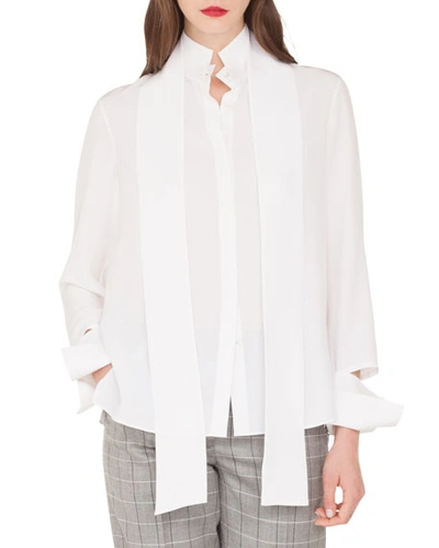 Akris Long-sleeve Silk Crepe Blouse With Detachable Bow & Cuffs In White