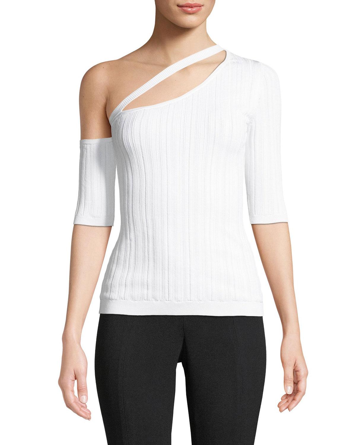 Cushnie OneShoulder ShortSleeve Ribbed Knit Top In White ModeSens