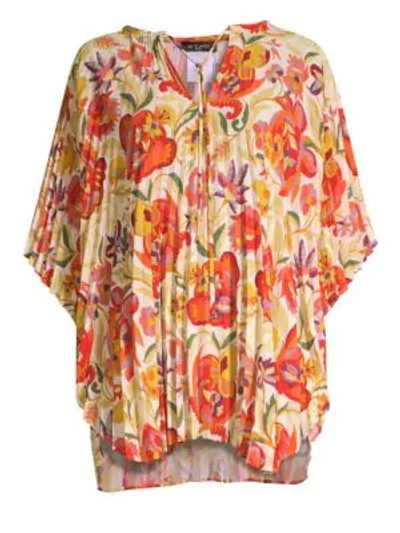 Etro Pleated Floral-deco Print Poncho In Red Multi