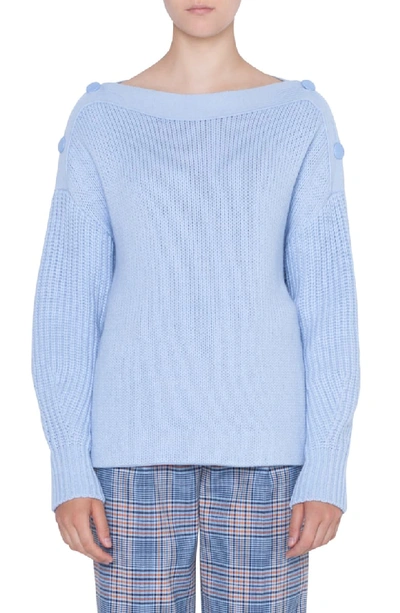 Akris Punto Oversize Wool/cashmere Sweater With Button Shoulder Details In Cielo