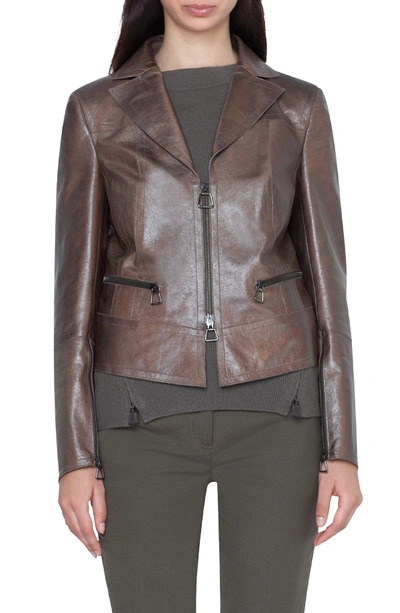 Akris Metallic Leather Crop Jacket In 043 Magnet