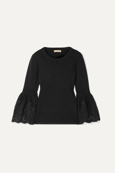 Michael Kors Lace Bell-sleeve Cashmere Pullover Sweater In Black