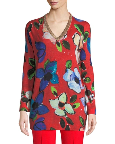 Escada V-neck Long-sleeve Painterly Floral-print Tunic W/ Metallic Trim In Red Pattern