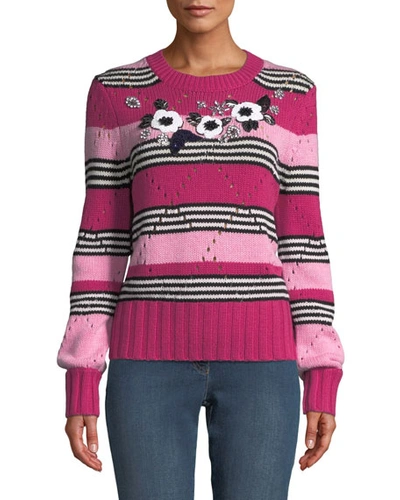 Escada Floral-beaded Crewneck Striped Wool-cashmere Pullover Sweater In Pink Pattern