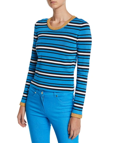 Escada Crewneck Long-sleeve Striped-knit Sweater In Medium Blue