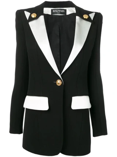 Balmain Colorblocked Satin-lapel Long Blazer Jacket In Black